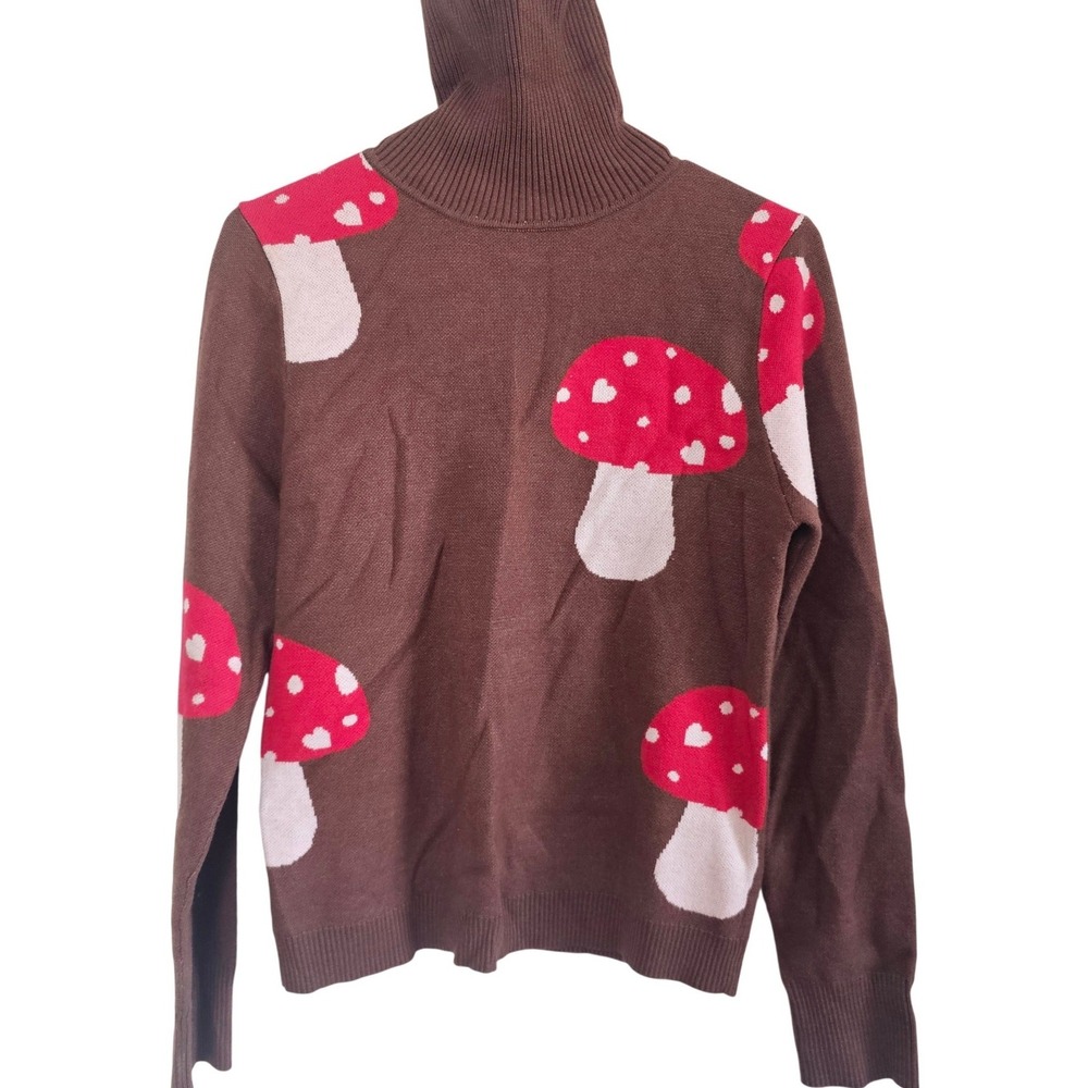 Cider Mushroom Heart Turtleneck Sweater Brown Red‎ XL Knit Pullover Toadstool